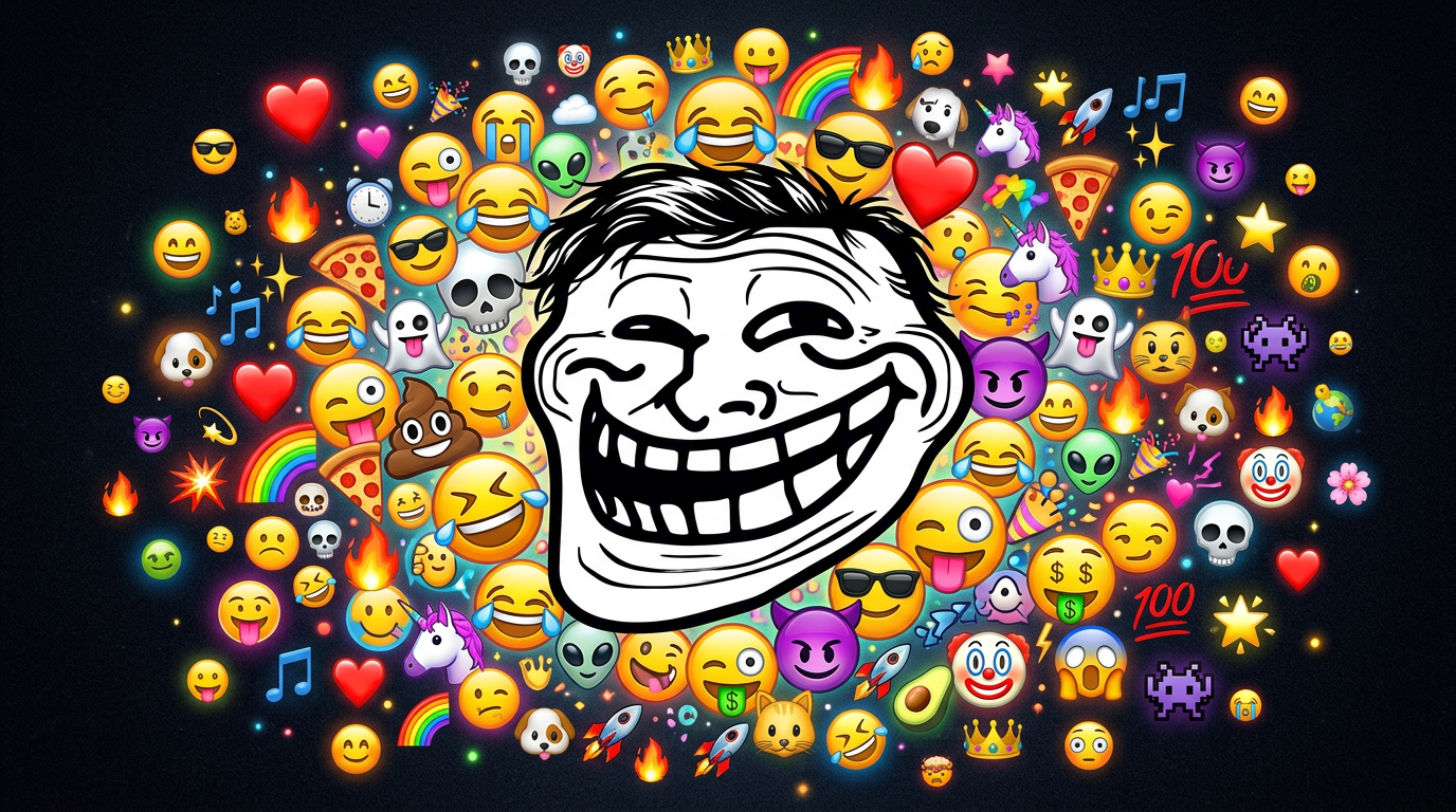 Black and white troll face emoji surrounded by diverse colorful emojis including smileys, hearts, animals, and objects.
