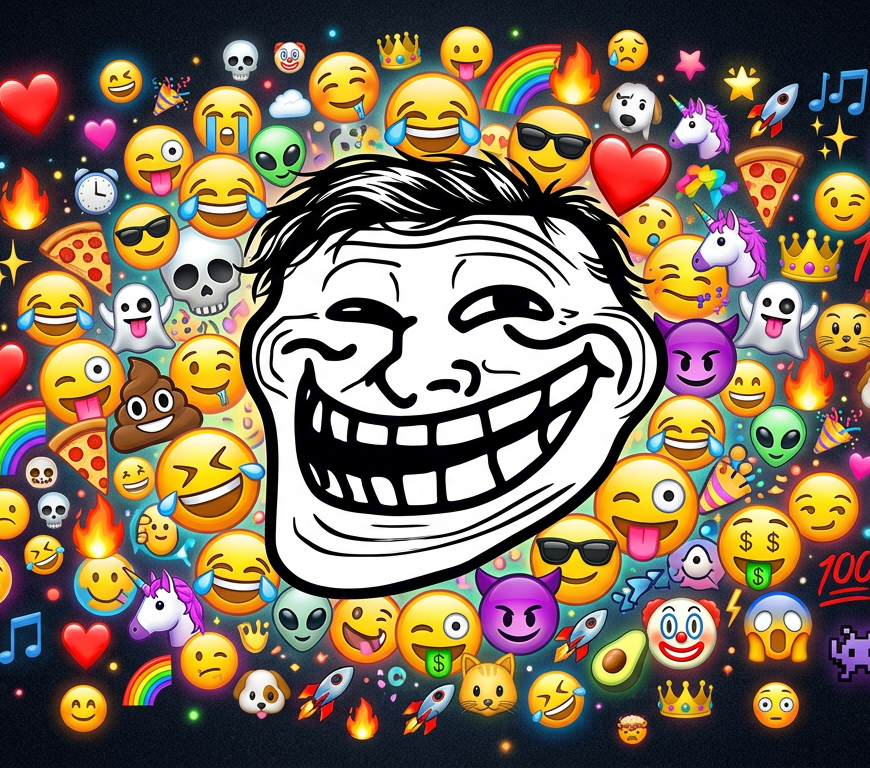 Black and white troll face emoji surrounded by diverse colorful emojis including smileys, hearts, animals, and objects.