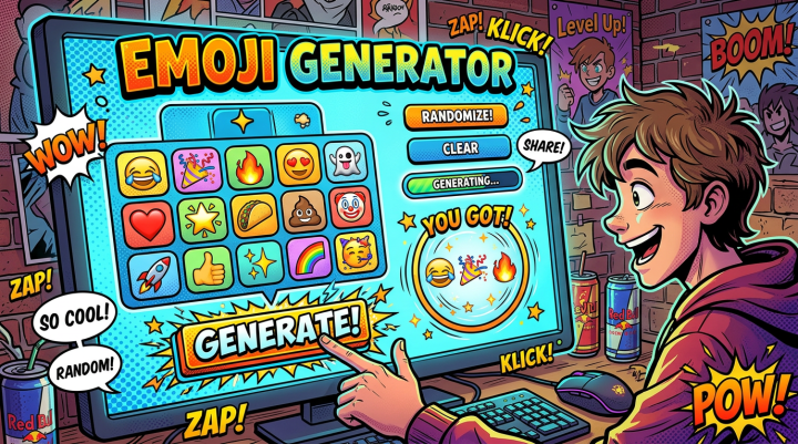 Youth interacting with an emoji generator showing various emojis and colorful buttons
